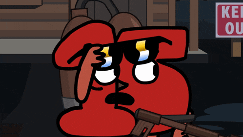 a cartoon character wearing sunglasses and holding a gun with a keep out sign in the background