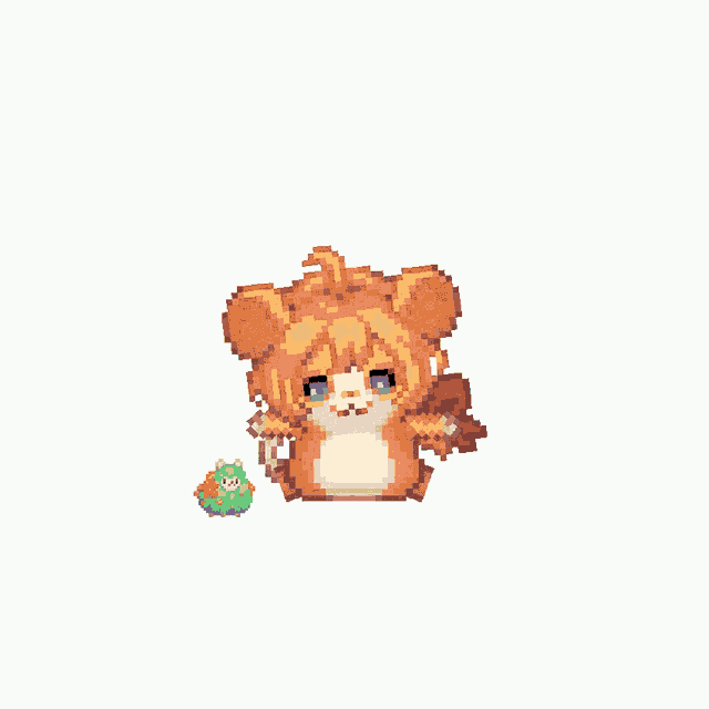 a pixel art drawing of a cat holding balloons and a green sheep