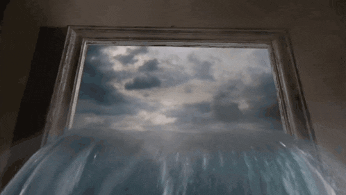 a painting of a cloudy sky with water coming out of the window
