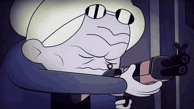 a cartoon character with glasses is holding a gun in his right hand