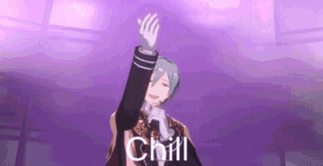 a cartoon character is singing into a microphone with the word chill written on the bottom .