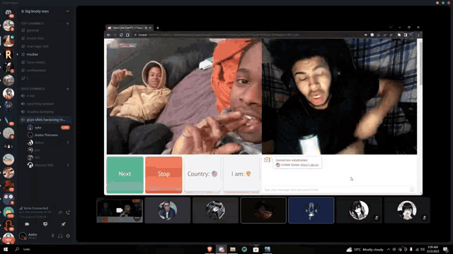 a computer screen shows a group of people on a video call and says next stop country i am