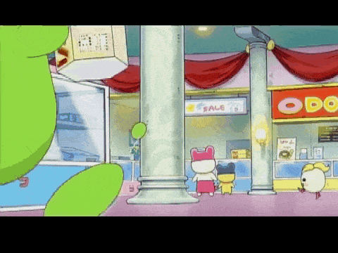 a cartoon scene with a donut shop and a sign that says sale