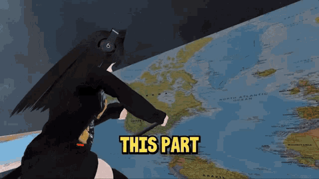 a girl with headphones is standing in front of a map that says " this part " on it