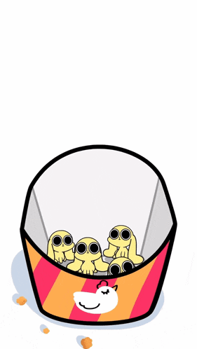 a cartoon drawing of a bucket of popcorn with a chicken on it