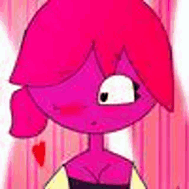 a pink cartoon character with red hair and a heart on her chest .