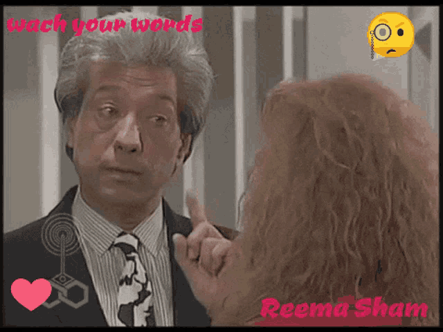 a man in a suit and tie is talking to a woman with the words wash your words written on the bottom