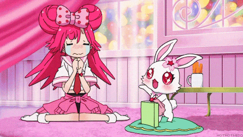 a cartoon of a girl with pink hair and a rabbit with a bow