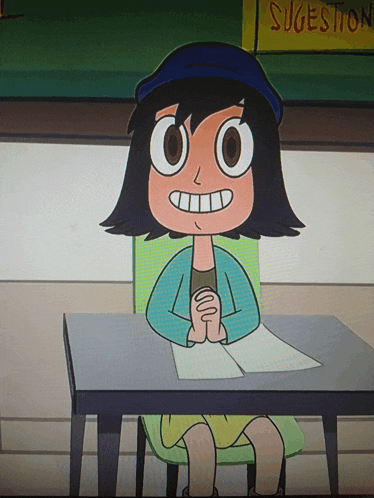 a cartoon character sits at a desk with a suggestion sign in the background