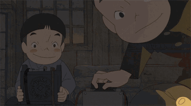 a cartoon of a boy holding a box that says yuasa