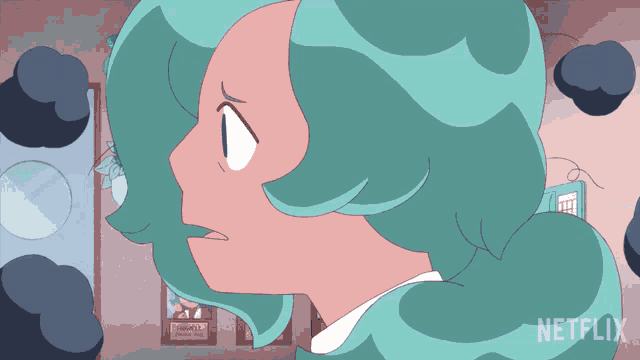a cartoon of a girl with blue hair and a netflix logo in the corner