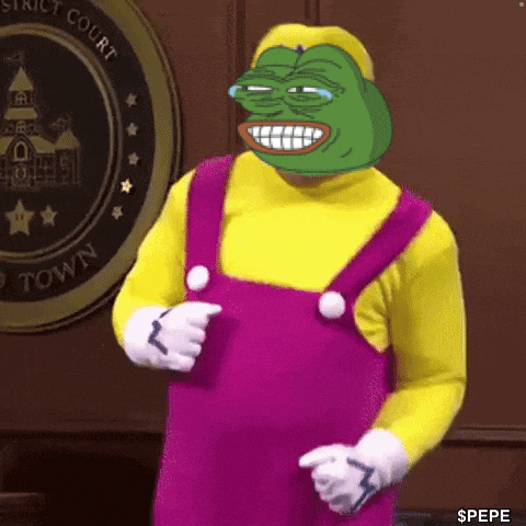 a cartoon character wearing a yellow shirt and pink overalls is standing in front of a seal that says district court town .