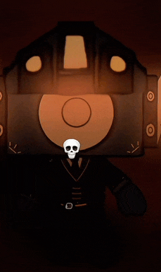 a cartoon character with a skull in front of his head