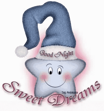 a cartoon star wearing a santa hat with the words `` good night sweet dreams '' .
