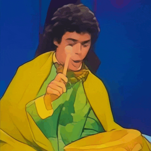 a cartoon drawing of a man in a yellow cape with his finger on his lips