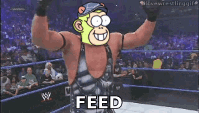 a man in a wrestling ring with a cartoon character on his head and the word feed below him