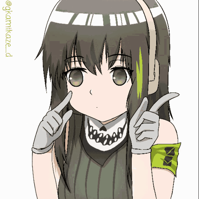 a drawing of a girl wearing headphones and a green arm band with the letters kk on it