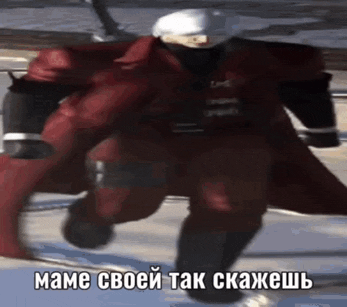 a devil may cry character is running down a street in a red coat .