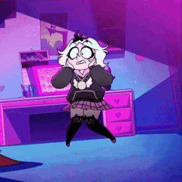 a cartoon girl is standing in front of a desk with hearts on it