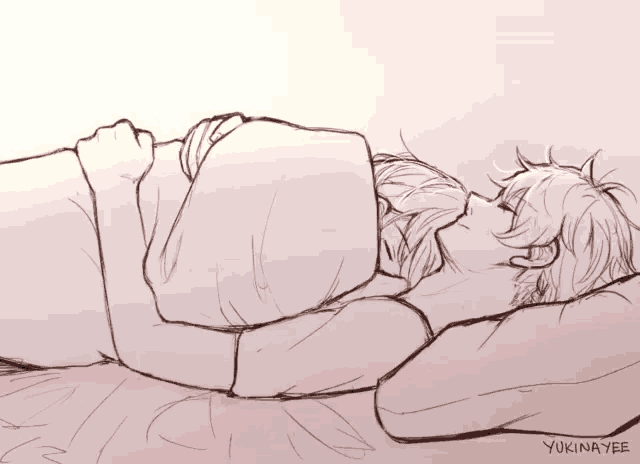 a drawing of a man and woman sleeping with the name yukinayee at the bottom