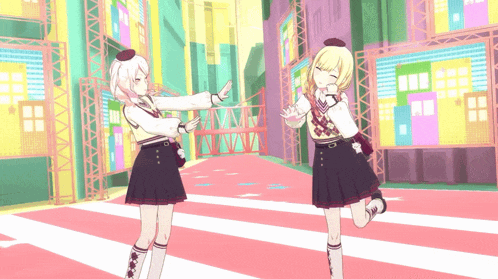 two anime girls are standing next to each other on a pink and white carpet