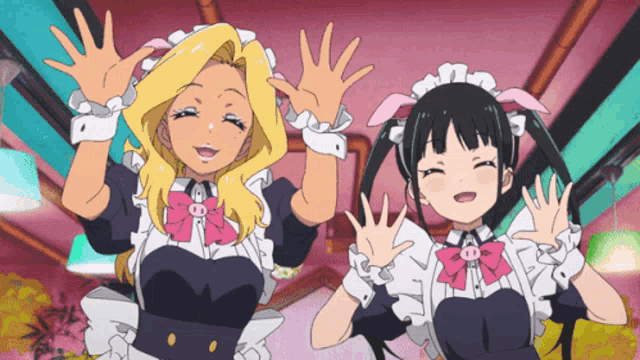 two maids with pig ears and bows on their heads