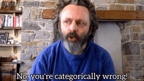 a man with a beard and a blue shirt says no you 're categorically wrong