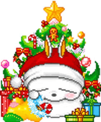 a pixel art illustration of a rabbit wearing a santa hat under a christmas tree surrounded by presents .
