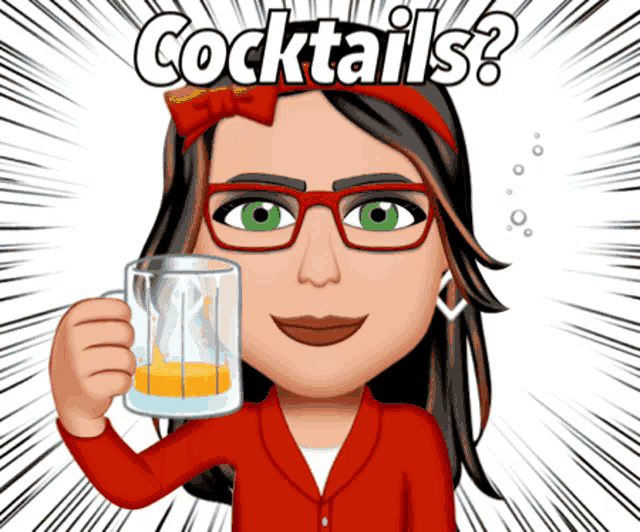 a cartoon woman holding a glass of orange juice with the words cocktails written above her