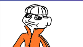 a drawing of a man with an orange jacket and a hat