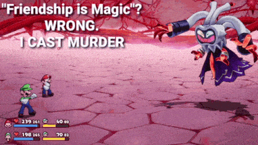 a video game with the words " friendship is magic wrong i cast murder " on the bottom