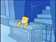 a cartoon of bart simpson in a bathtub with stairs in the background