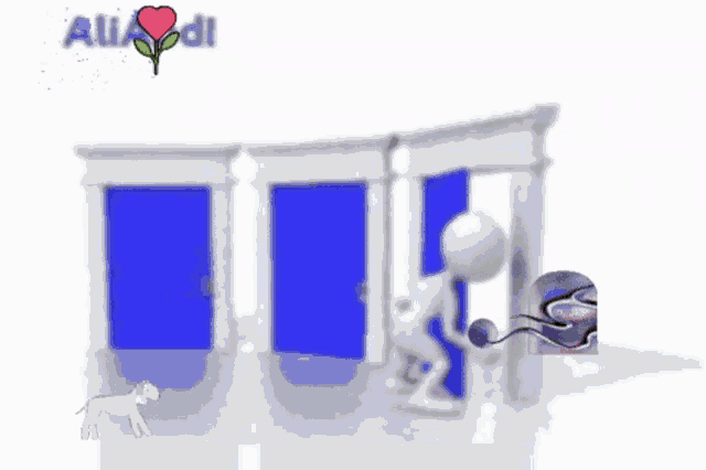 a cartoon of a man and a dog standing in front of blue doors with a rose in the background that says aula ii