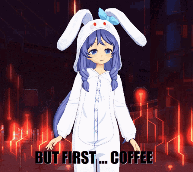 a girl in a bunny costume is standing in front of a sign that says but first coffee