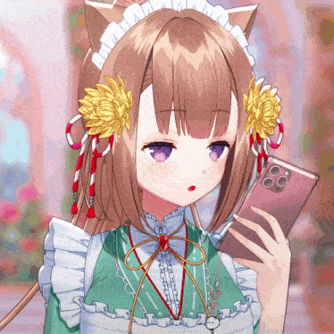 a girl in a maid outfit holds a cell phone
