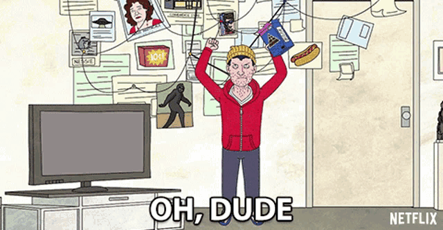 a cartoon of a man holding a hot dog with the words oh dude written below him