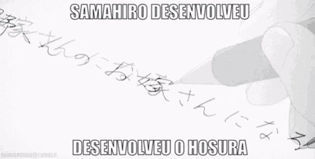 a black and white drawing of a hand holding a pencil with the words samahiro desenvolveu desenvolveu o hosura below it