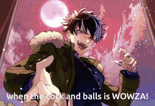 a cartoon character with the words when the cock and balls is wowza on the bottom