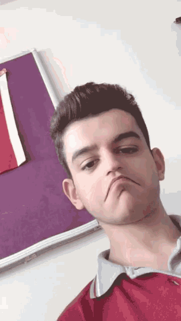 a young man in a red shirt is making a funny face in front of a purple board