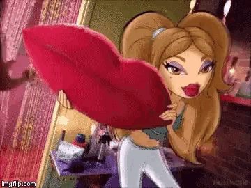 a cartoon girl is holding a red pillow in the shape of a heart .