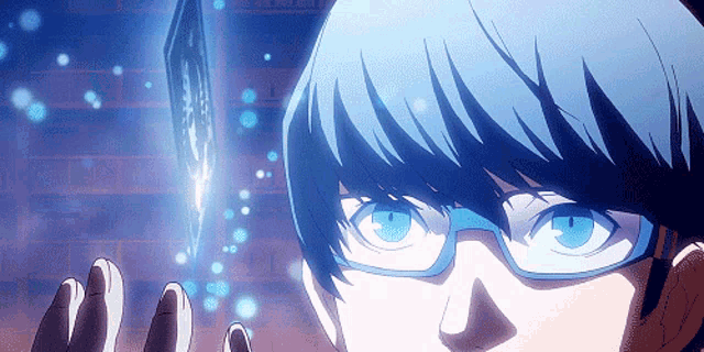 a person with blue hair and glasses is holding something