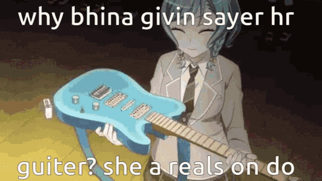 a girl in a suit and tie is holding a blue guitar in her hand .