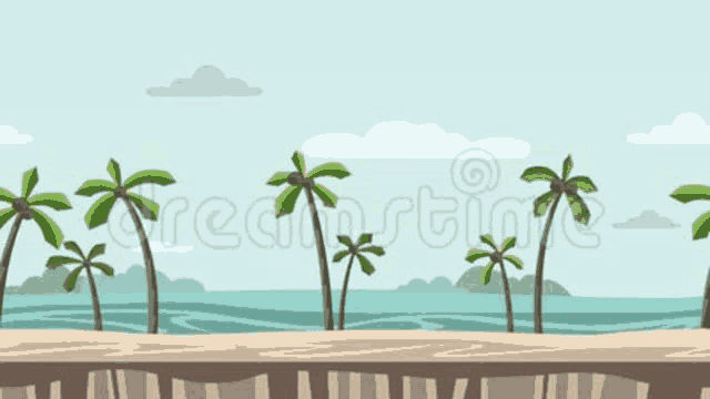 a cartoon illustration of a tropical beach with palm trees .
