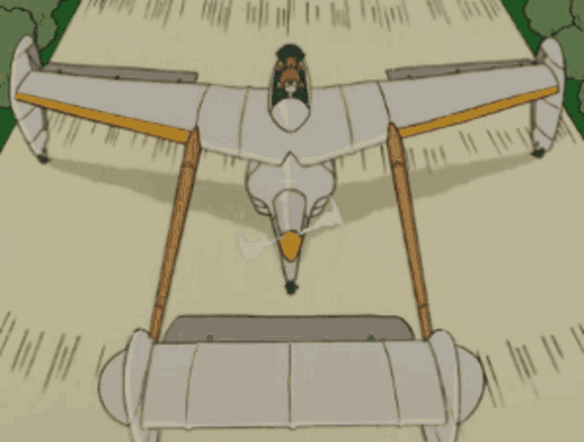 a cartoon drawing of a small plane with a man sitting in the cockpit