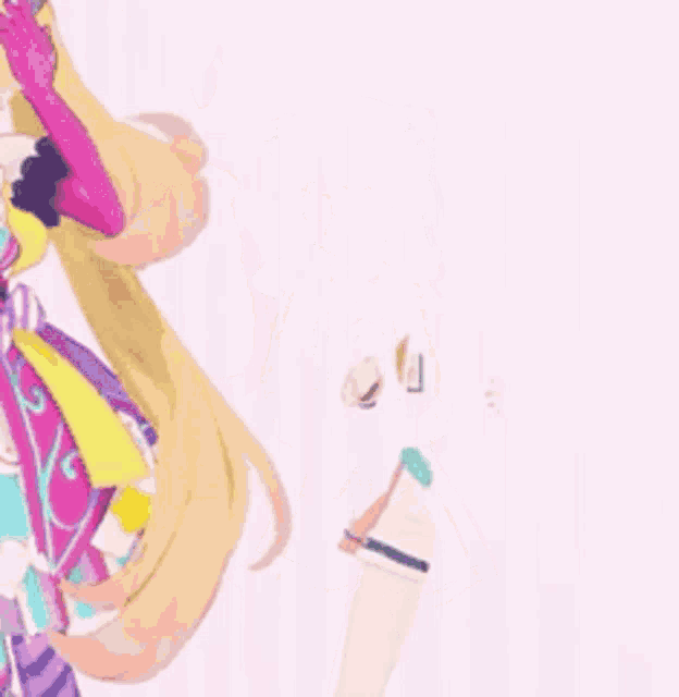 a couple of anime girls standing next to each other on a pink background