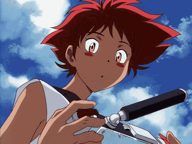 a cartoon character with red hair holding a camera