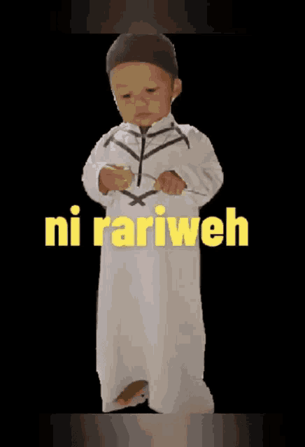 a baby in a white robe is standing in front of a black background with the words ni rariweh on it