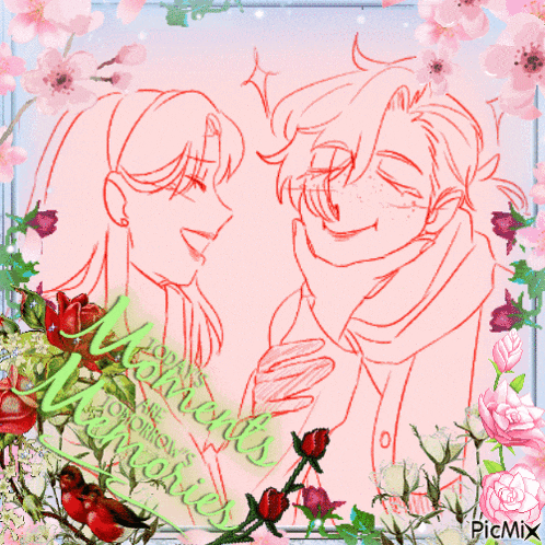 a drawing of a man and a woman surrounded by pink flowers with the words " days are the children 's memories "