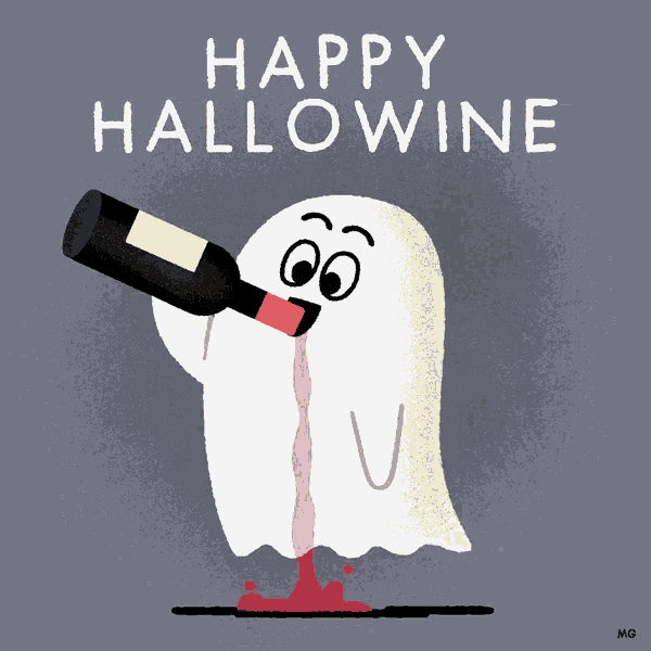 a cartoon of a ghost pouring a bottle of wine with the words happy hallowine below it