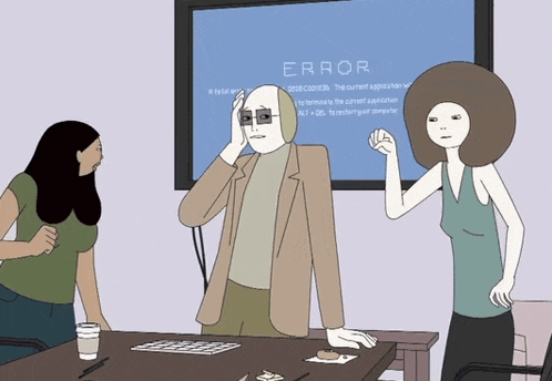 a man stands in front of a screen that says error on it